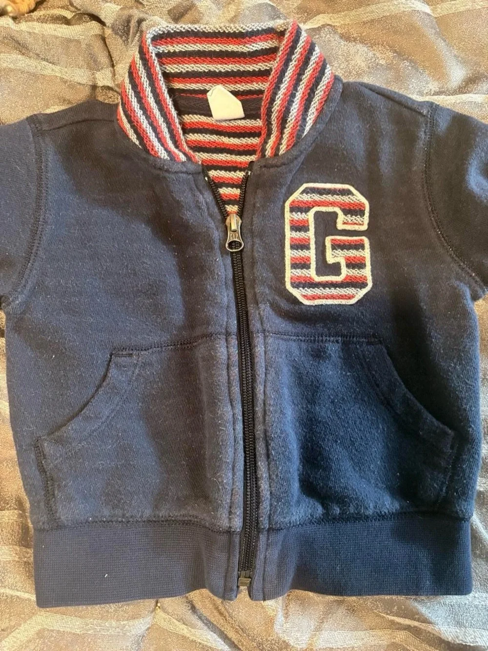 Navy Zip-Up Baby Gap Jacket with Striped Collar and 'G' Patch 12-18 months